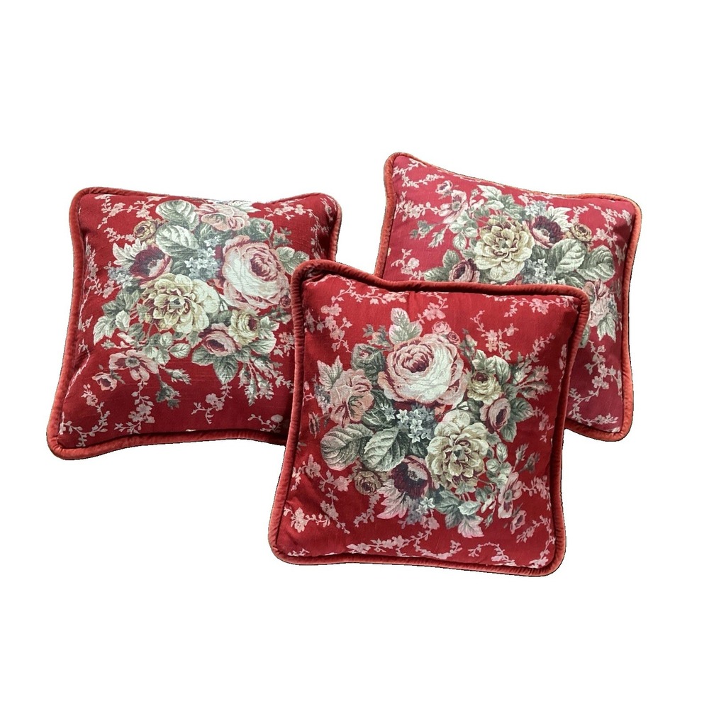 3 French Country Cottage Cabbage Rose Red Floral Velvet Down Throw Pillows 16x16